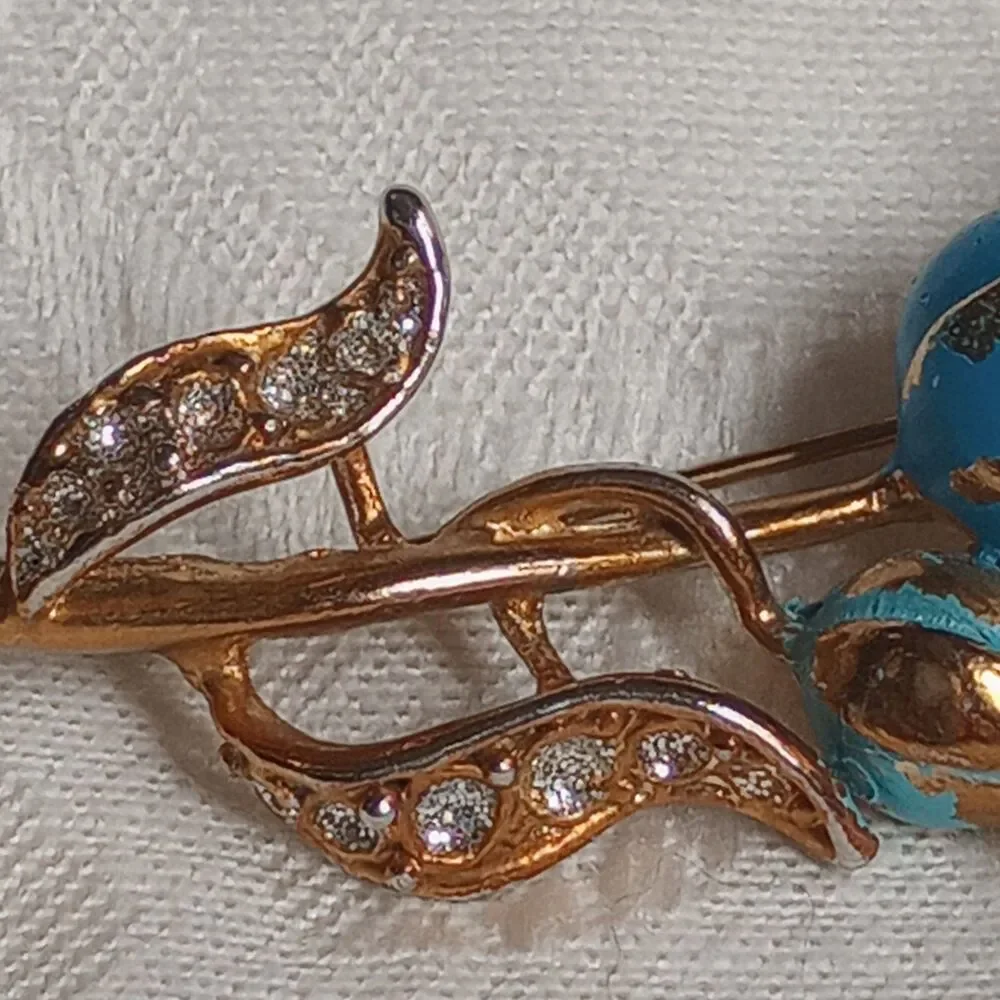 Enameled Teal Vintage Tulip Flower Brooch, Rhinestones faux pearl pot metal 2.5